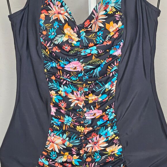 Paradise Bay Black Floral Print Pin Up Style One Piece Swim Bathing Suit Size 14 - Picture 2 of 5